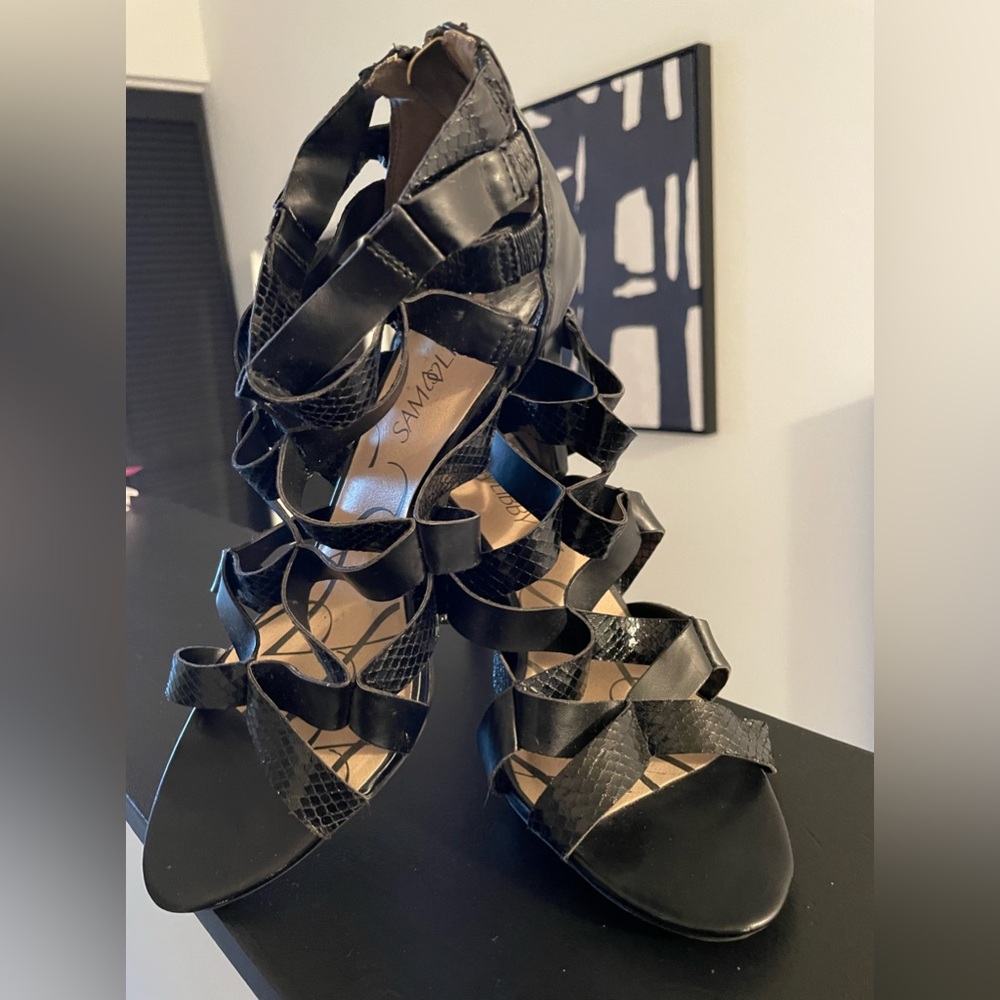Black Sam & Libby strappy Heels with zipper.